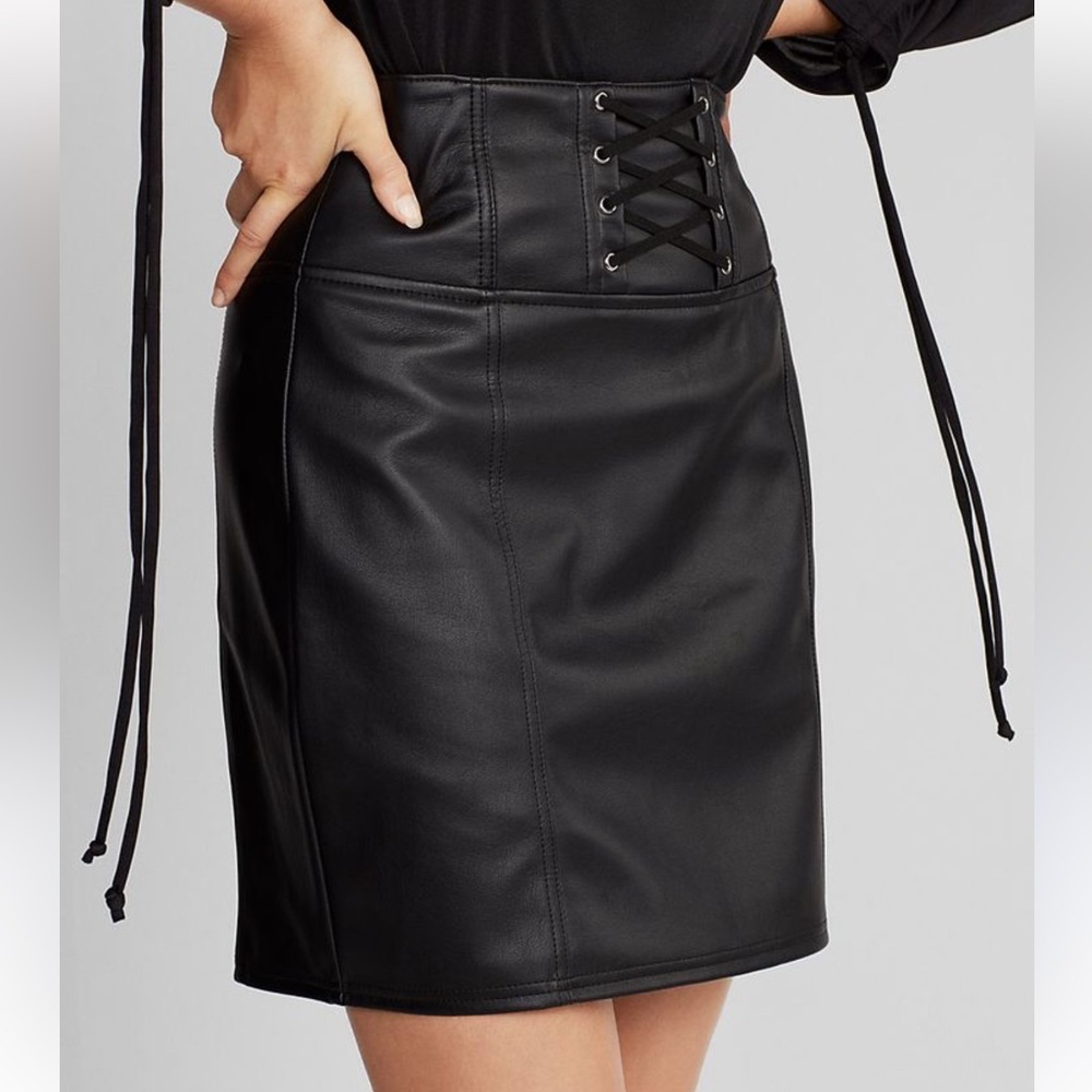 Express Black Faux Leather Lace Up Pencil Skirt 4